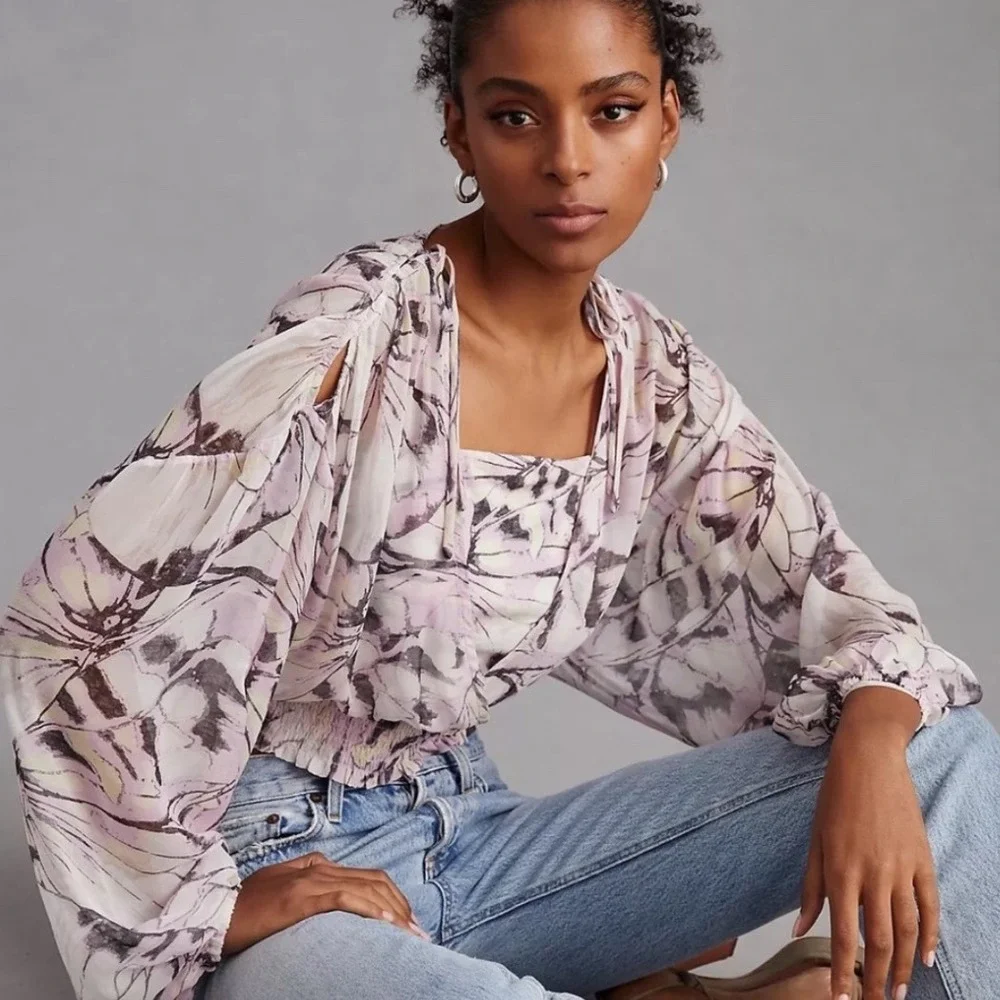 Anthropologie Sheer Cropped Puff Sleeve Abstract Print Top S‎